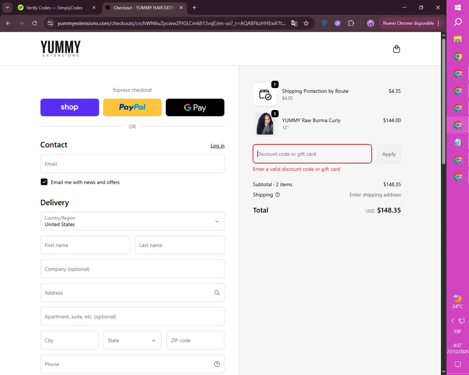 Yummy Hair Extensions discount code screenshot showing code SALE applied at Yummy Hair Extensions checkout page. Uploaded by SimplyCodes community member mileSalima on Dec 27, 2025