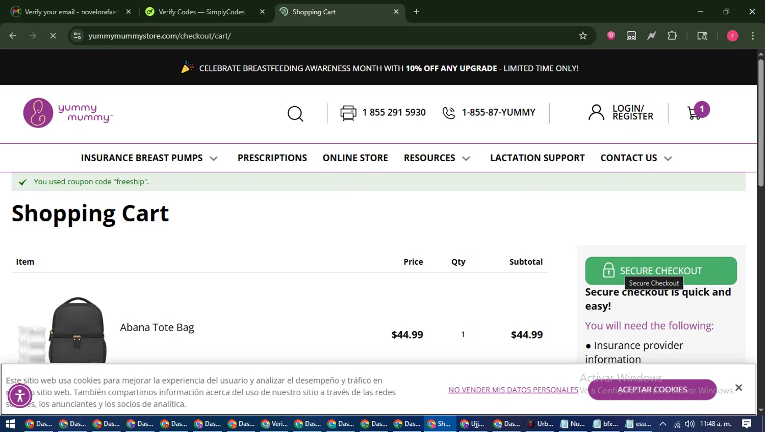 Yummy Mummy discount code screenshot showing code freeship applied at Yummy Mummy checkout page. Uploaded by SimplyCodes community member WisePro3739 on Aug 6, 2025