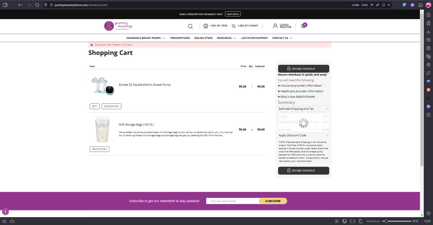 Yummy Mummy discount code screenshot showing code freeship applied at Yummy Mummy checkout page. Uploaded by SimplyCodes community member kaiserser on Jun 30, 2025