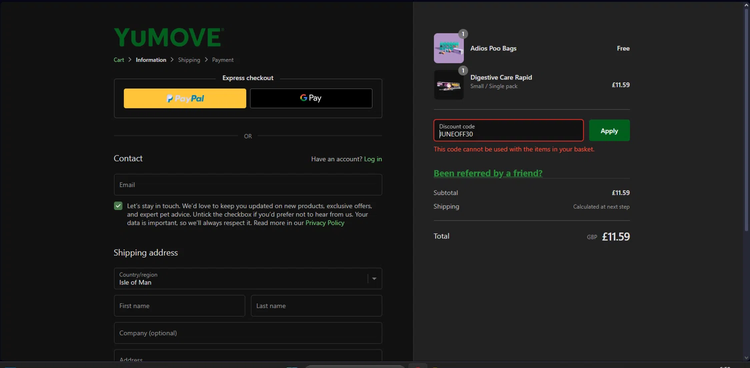 where to use YuMOVE promo code box