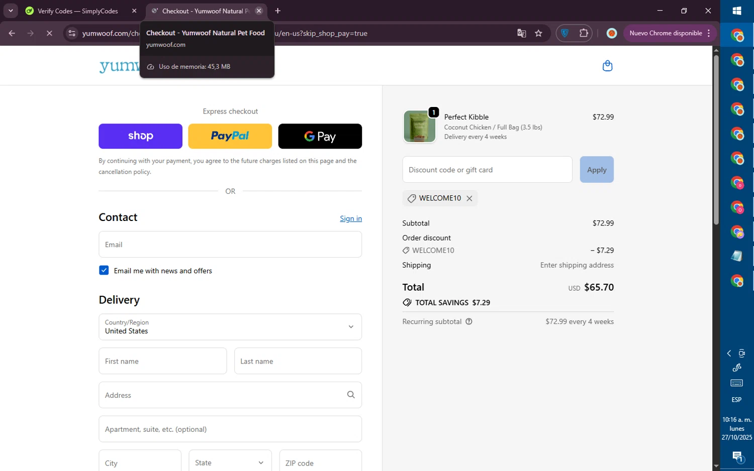 Yumwoof discount code screenshot showing code WELCOME10 applied at Yumwoof checkout page. Uploaded by SimplyCodes community member PromoVoyager8446 on Oct 27, 2025
