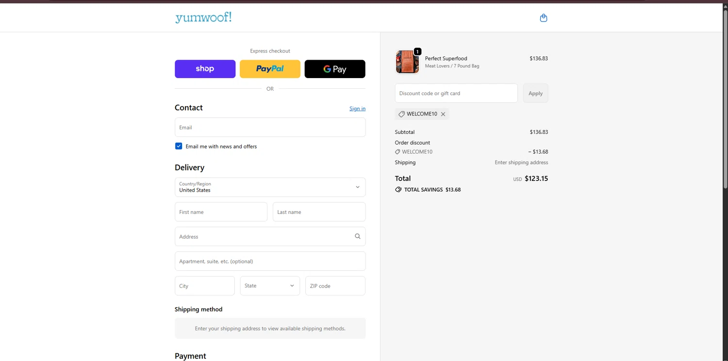 Yumwoof discount code screenshot showing code WELCOME10 applied at Yumwoof checkout page. Uploaded by SimplyCodes community member TreasureHero9595 on Oct 23, 2025