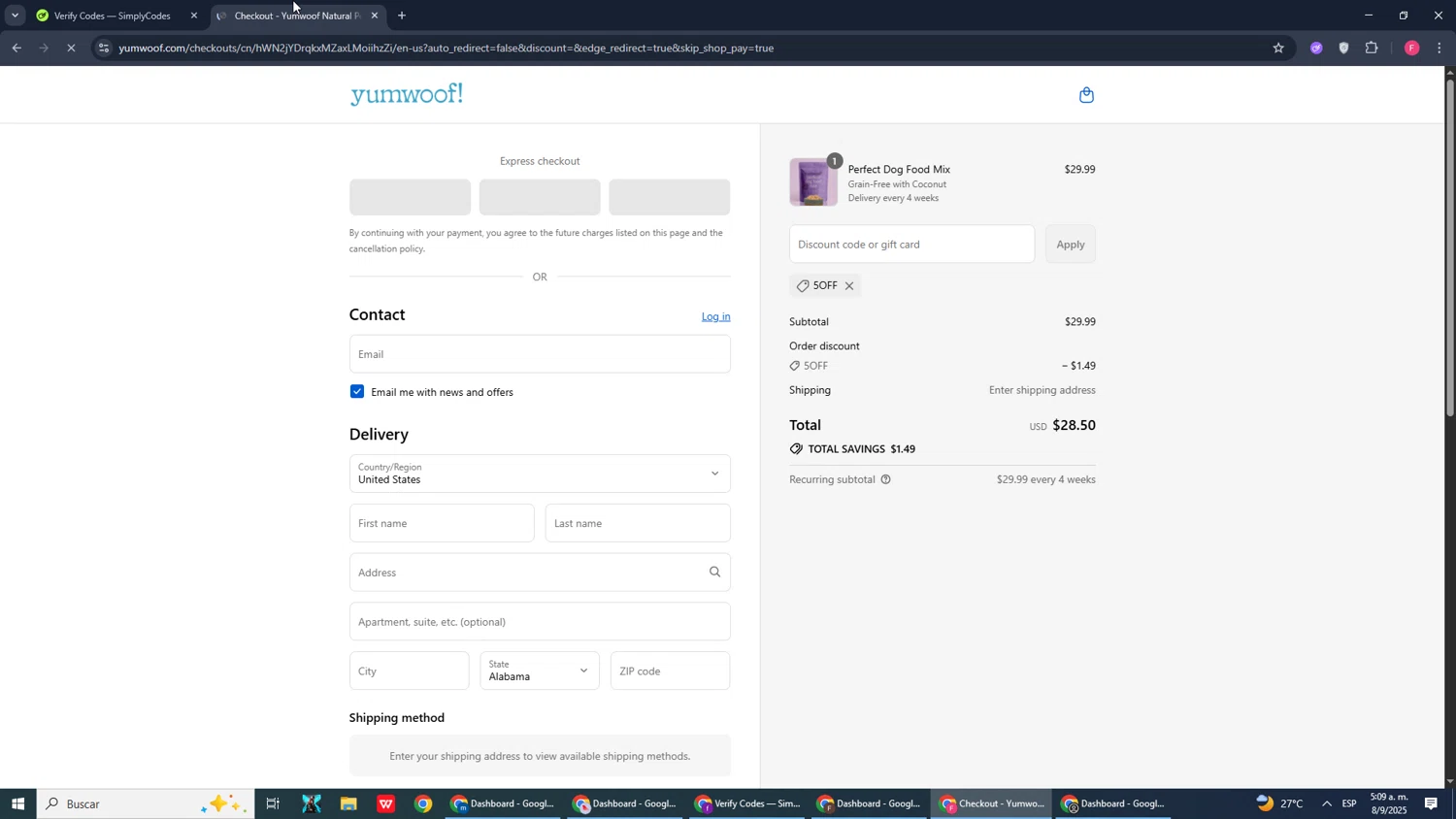 Yumwoof discount code screenshot showing code 5OFF applied at Yumwoof checkout page. Uploaded by SimplyCodes community member CleverMonarch1744 on Sep 8, 2025
