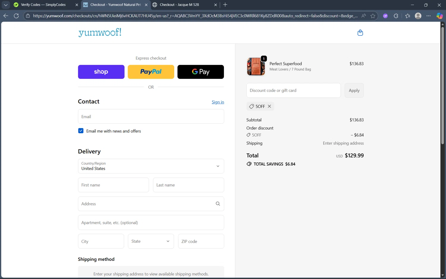 Yumwoof discount code screenshot showing code 5OFF applied at Yumwoof checkout page. Uploaded by SimplyCodes community member frijolito on Nov 20, 2025