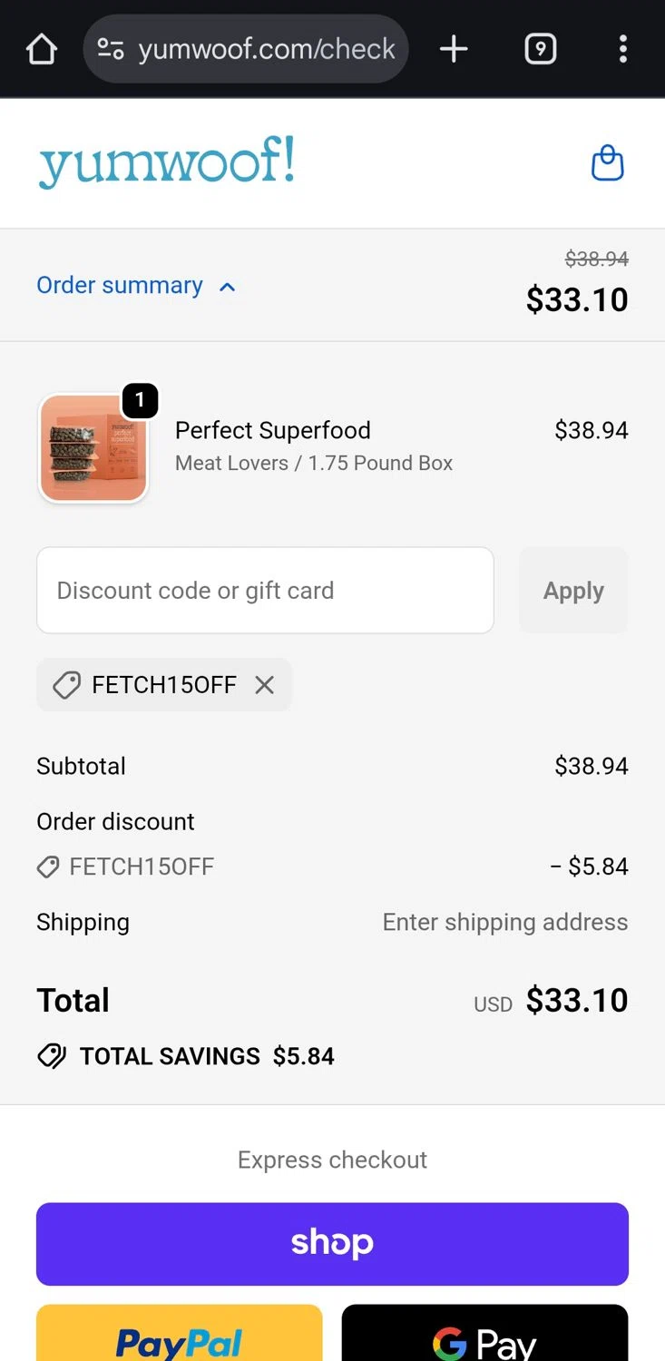 Yumwoof discount code screenshot showing code FETCH15OFF applied at Yumwoof checkout page. Uploaded by SimplyCodes community member CleverLynx5188 on Sep 25, 2025