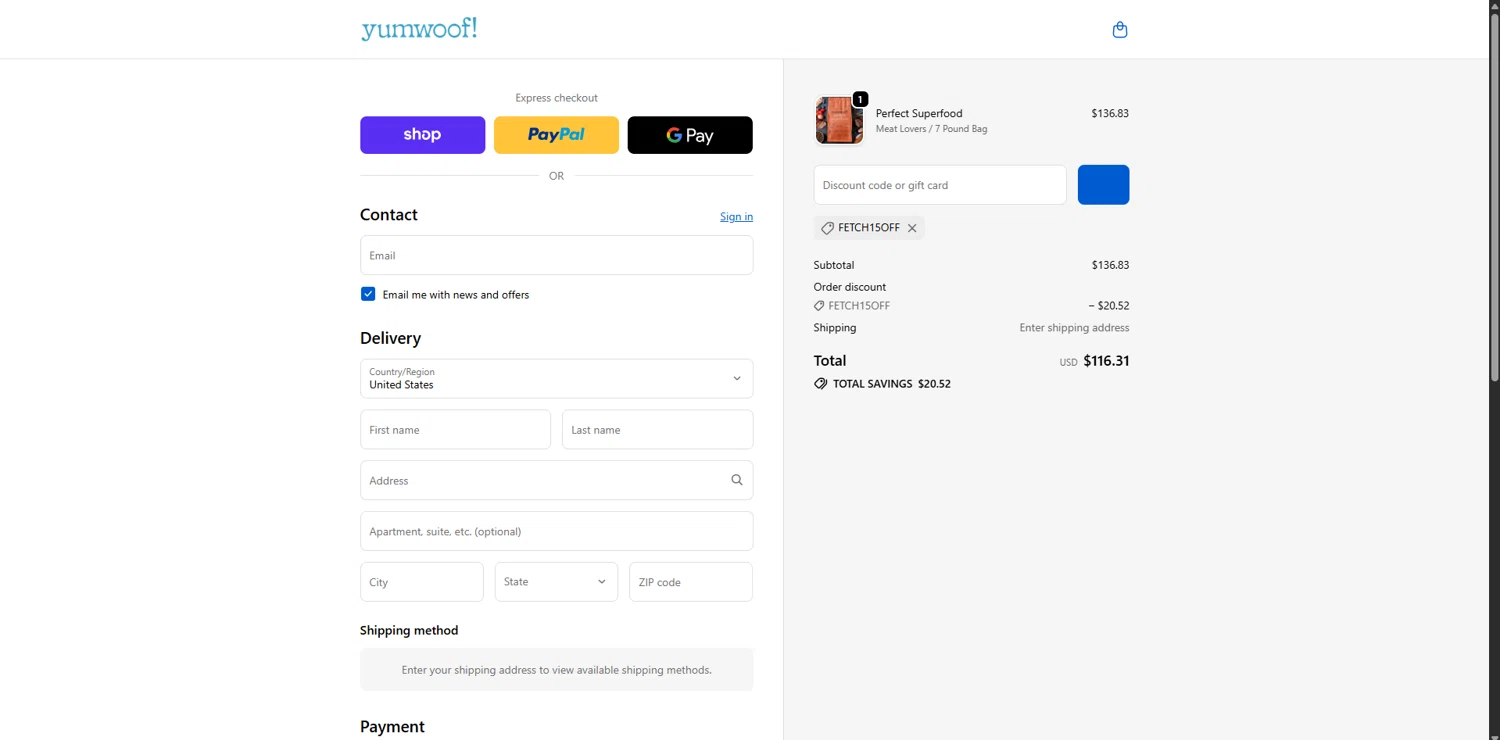 Yumwoof discount code screenshot showing code FETCH15OFF applied at Yumwoof checkout page. Uploaded by SimplyCodes community member LegendaryCurator4133 on Oct 23, 2025