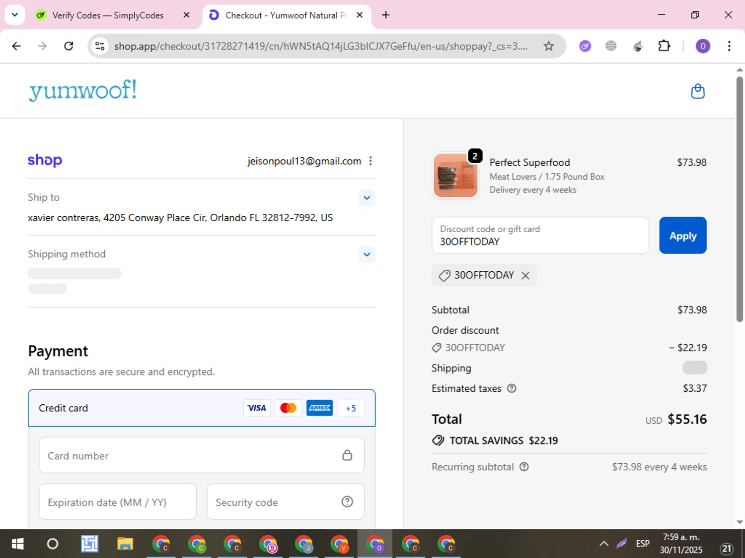 Yumwoof discount code screenshot showing code 30OFFTODAY applied at Yumwoof checkout page. Uploaded by SimplyCodes community member CleverLynx8245 on Nov 30, 2025