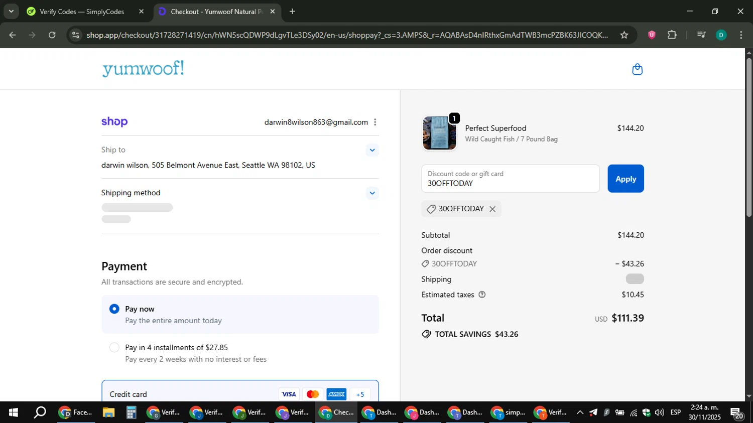Yumwoof discount code screenshot showing code 30OFFTODAY applied at Yumwoof checkout page. Uploaded by SimplyCodes community member ThriftyLion6776 on Nov 30, 2025