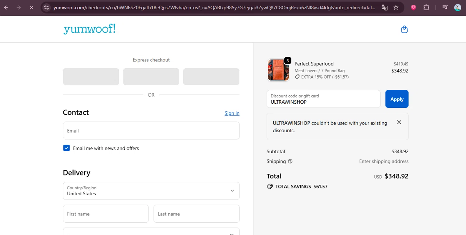 Yumwoof discount code screenshot showing code ULTRAWINSHOP applied at Yumwoof checkout page. Uploaded by SimplyCodes community member elgatobravo on Dec 15, 2025