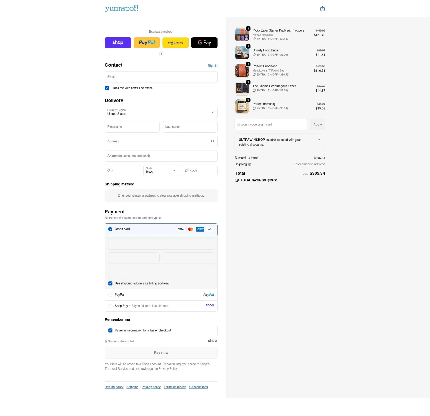 Yumwoof discount code screenshot showing code ULTRAWINSHOP applied at Yumwoof checkout page. Uploaded by SimplyCodes community member saltediosteve on Dec 22, 2025