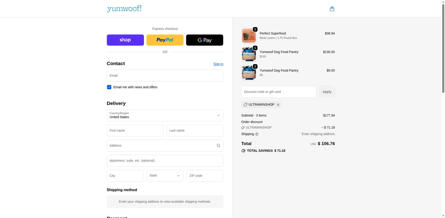 Yumwoof discount code screenshot showing code ULTRAWINSHOP applied at Yumwoof checkout page. Uploaded by SimplyCodes community member zaidaelena on Dec 9, 2025