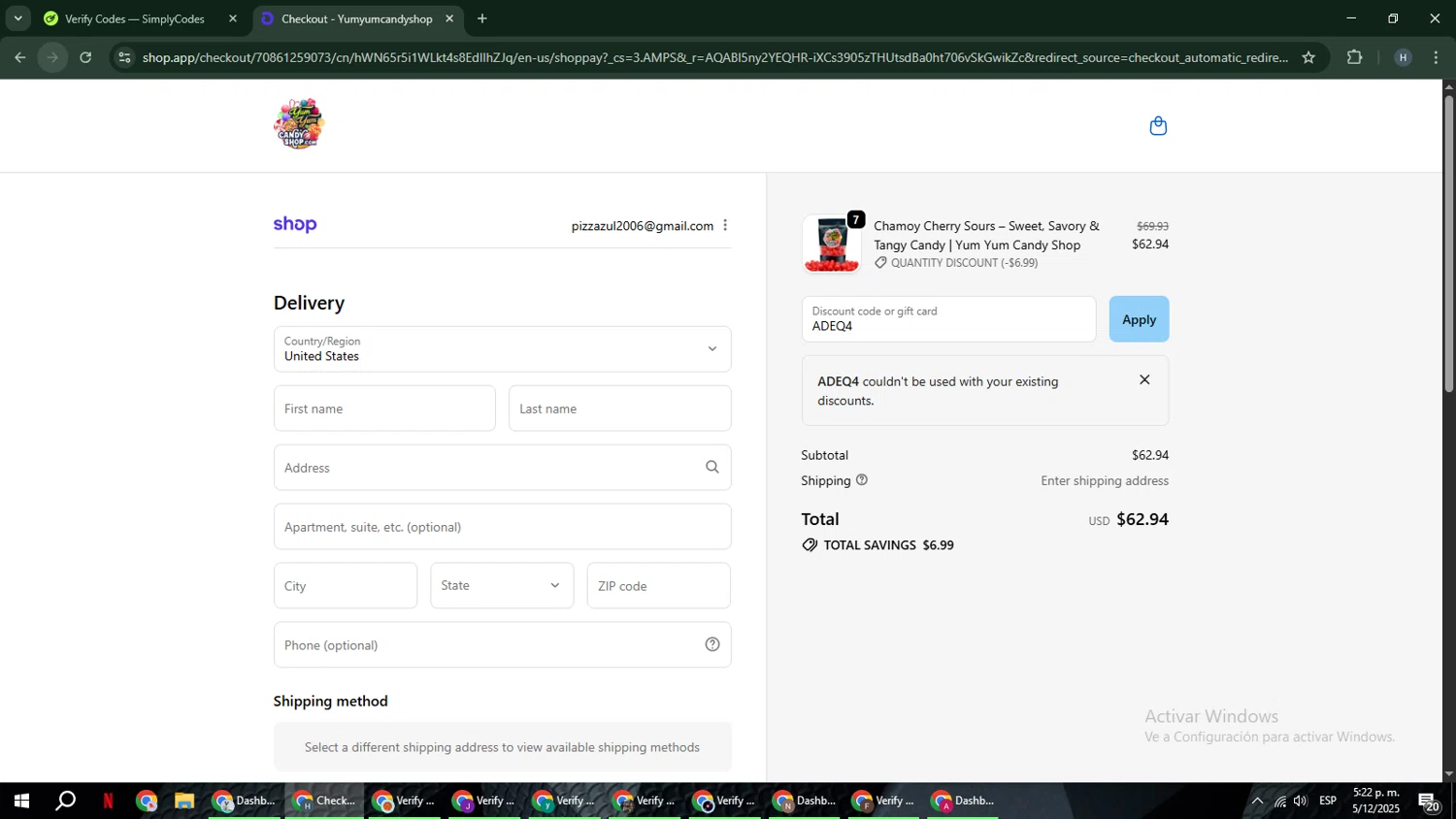 Yum Yum Candy Shop discount code screenshot showing code ADEQ4 applied at Yum Yum Candy Shop checkout page. Uploaded by SimplyCodes community member YAMAHA on Dec 5, 2025