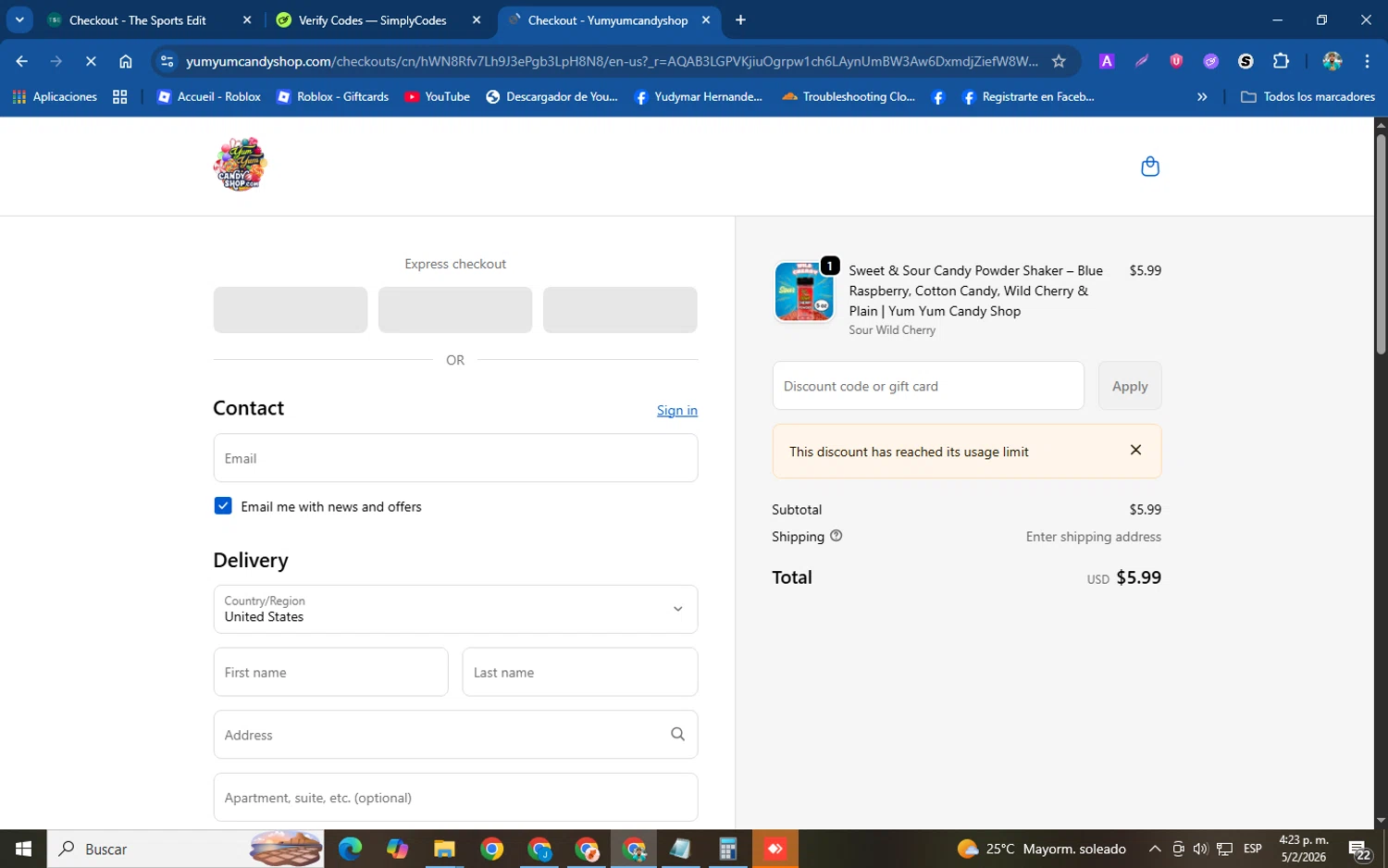 Yum Yum Candy Shop promo code screenshot showing code ADEQ5 applied at Yum Yum Candy Shop checkout page. Uploaded by SimplyCodes community member helicoide on Feb 5, 2026