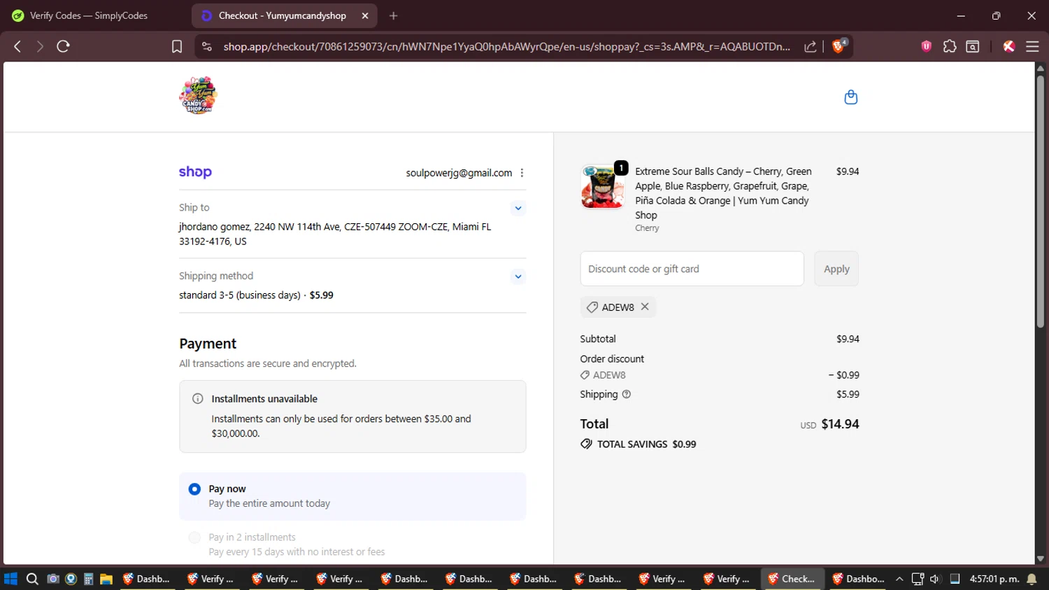 Yum Yum Candy Shop checkout page showing Yum Yum Candy Shop discount code box | Screenshot taken by SimplyCodes community member on Jan 8, 2026