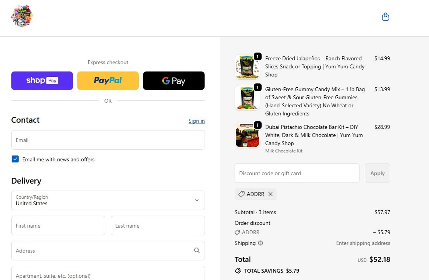 Yum Yum Candy Shop discount code screenshot showing code addrr applied at Yum Yum Candy Shop checkout page. Uploaded by SimplyCodes community member Honoriocolmenarez on Jan 10, 2026