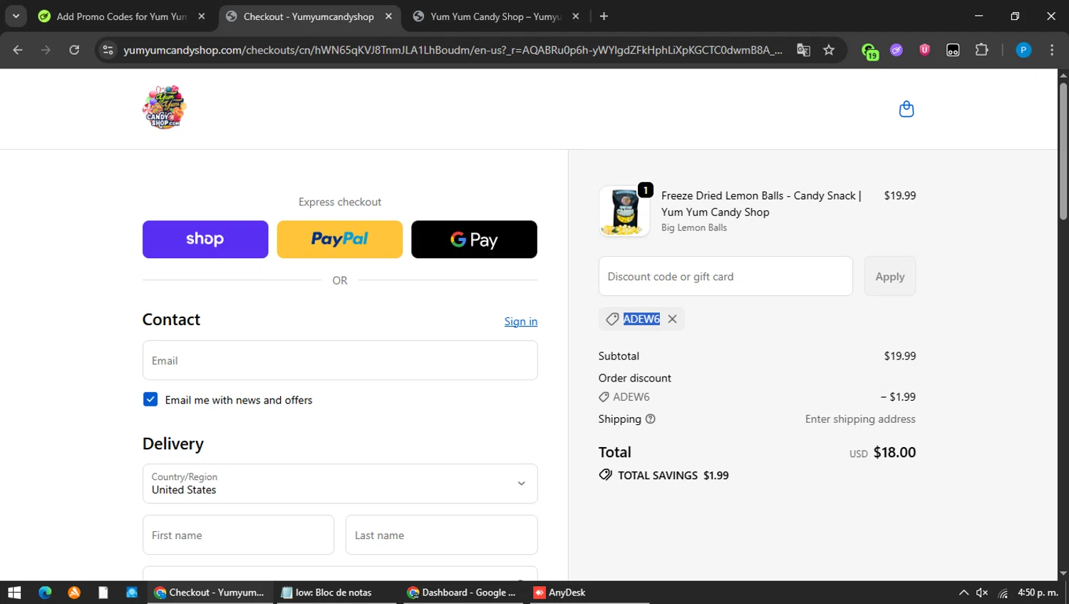 Yum Yum Candy Shop discount code screenshot showing code ADEW6 applied at Yum Yum Candy Shop checkout page. Uploaded by SimplyCodes community member MAVESA on Jan 8, 2026