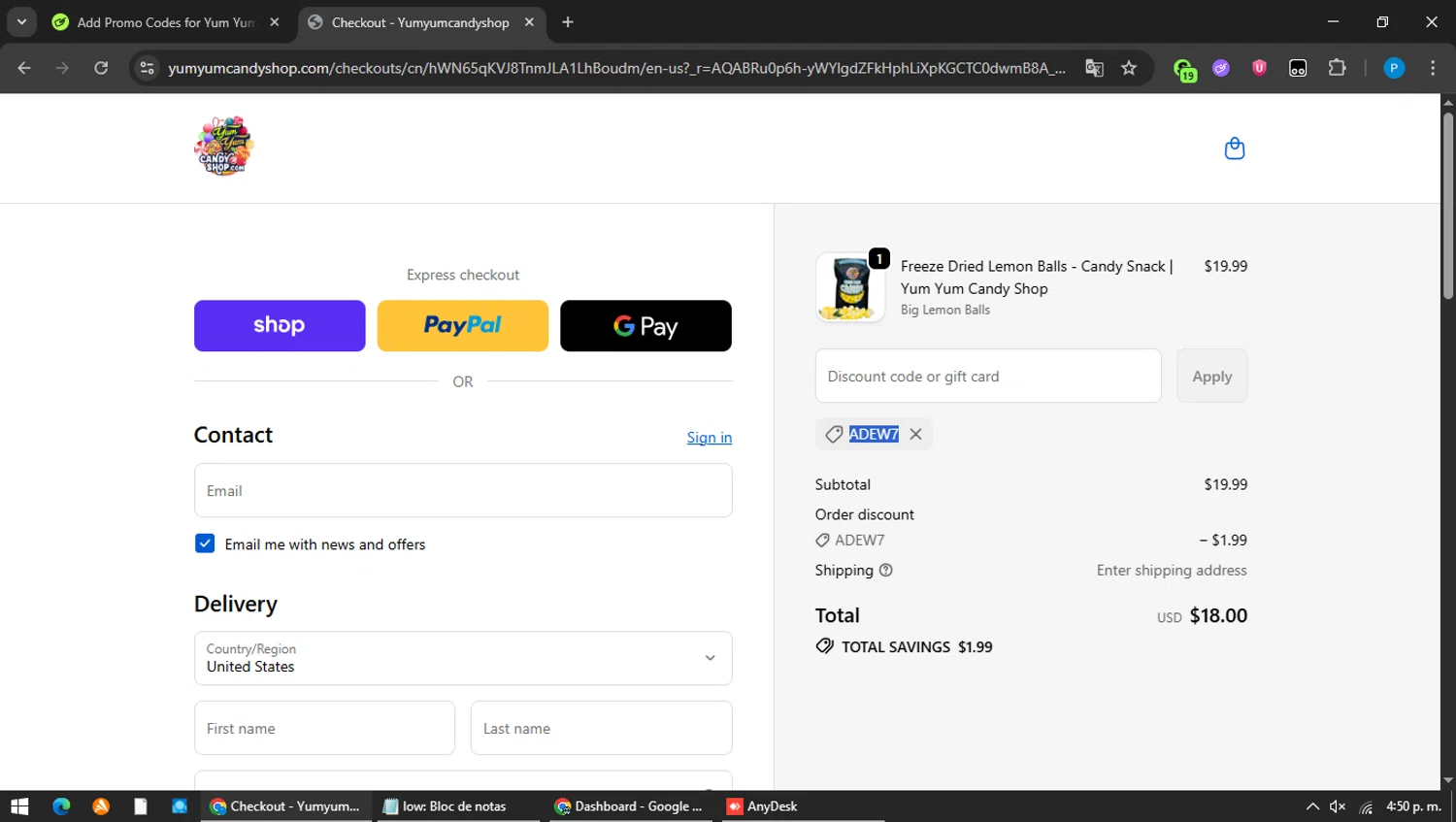 Yum Yum Candy Shop discount code screenshot showing code ADEW7 applied at Yum Yum Candy Shop checkout page. Uploaded by SimplyCodes community member MAVESA on Jan 8, 2026