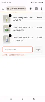 YUNI Beauty coupon verification screenshot