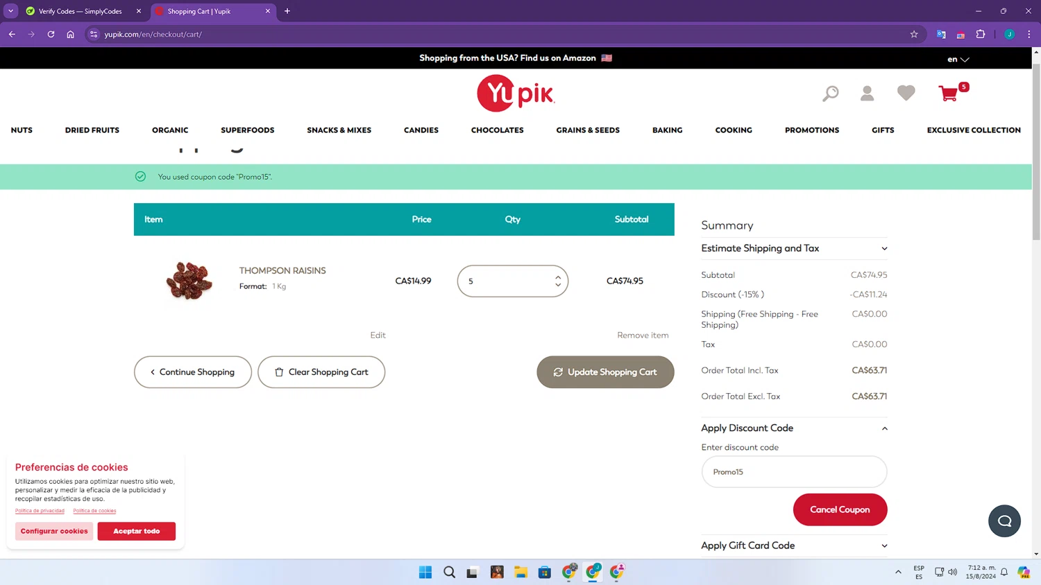 Yupik checkout page showing Yupik discount code box | Screenshot taken by SimplyCodes community member on Aug 15, 2024