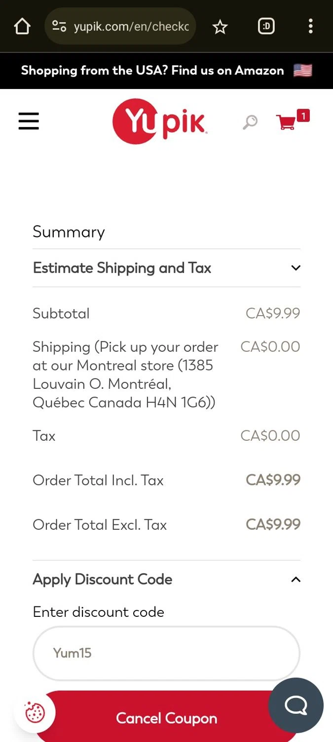 Yupik checkout page showing Yupik discount code box | Screenshot taken by SimplyCodes community member on Sep 2, 2024