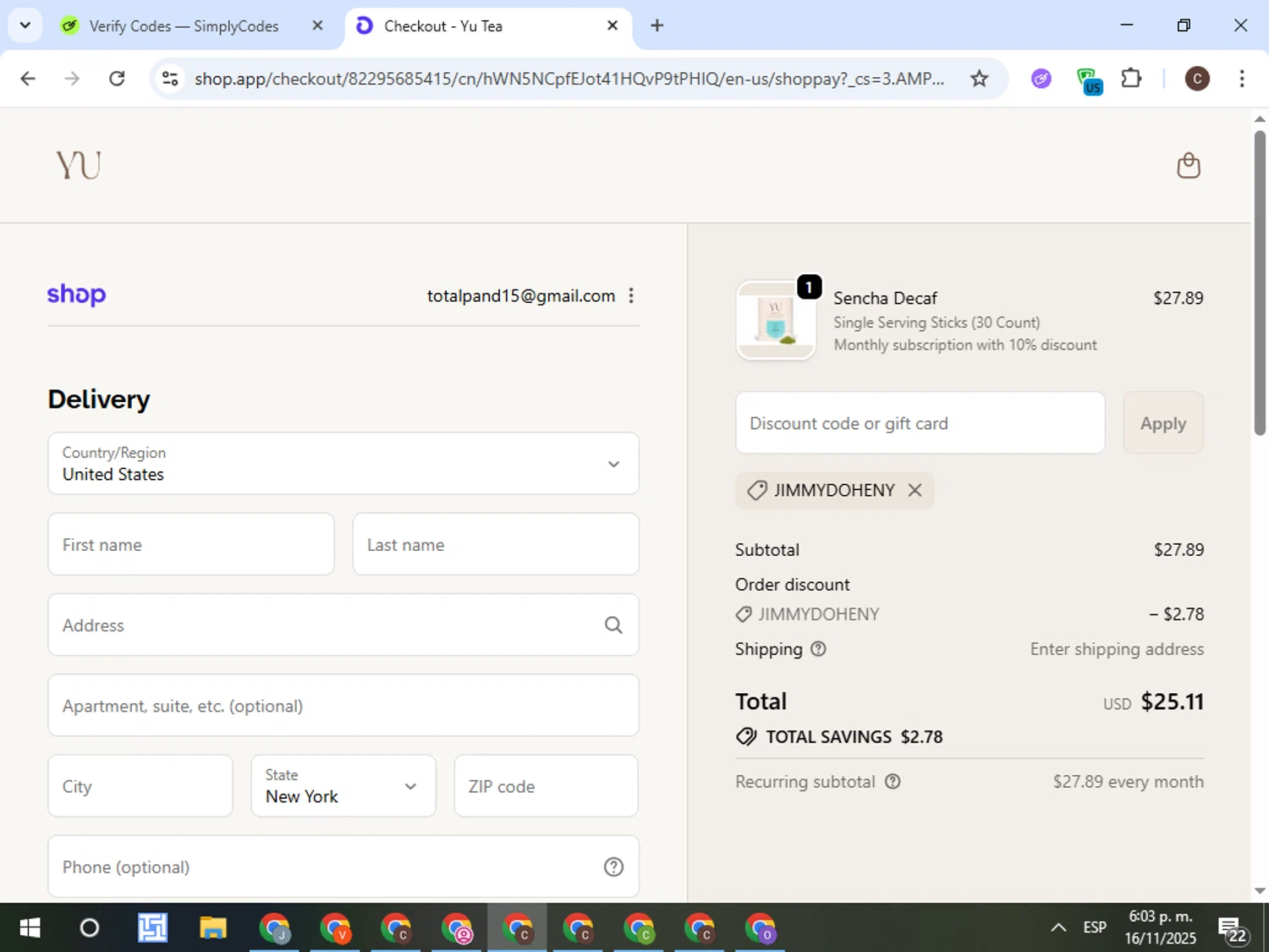 Yu Tea promo code screenshot showing code JIMMYDOHENY applied at Yu Tea checkout page. Uploaded by SimplyCodes community member TreasureFox8596 on Nov 16, 2025