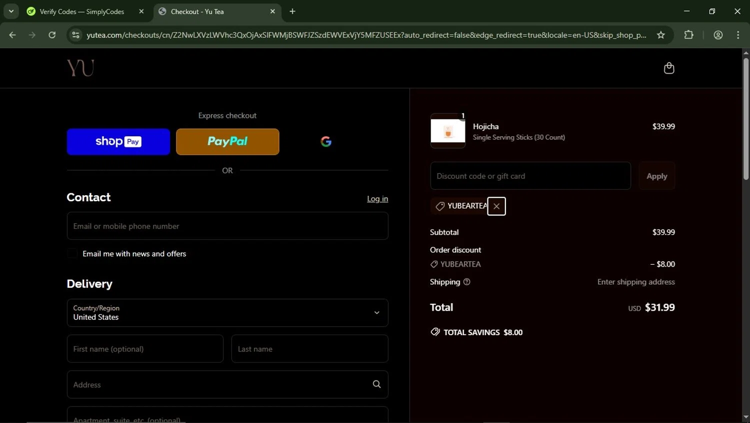 Yu Tea promo code screenshot showing code YUBEARTEA applied at Yu Tea checkout page. Uploaded by SimplyCodes community member LegendaryFalcon5662 on Apr 2, 2025