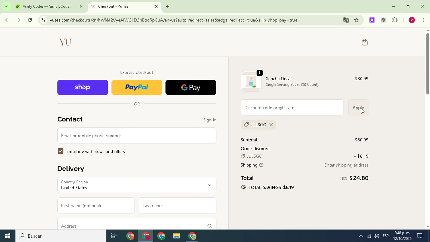 Yu Tea promo code screenshot showing code JULSGC applied at Yu Tea checkout page. Uploaded by SimplyCodes community member Paul_Skenes on Oct 12, 2025