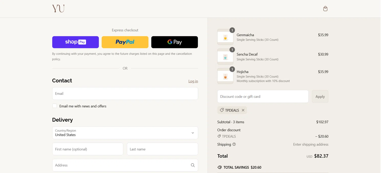 Yu Tea promo code screenshot showing code TPDEALS applied at Yu Tea checkout page. Uploaded by SimplyCodes community member HoneyJean on Mar 12, 2025