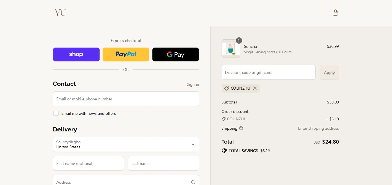 Yu Tea promo code screenshot showing code COLINZHU applied at Yu Tea checkout page. Uploaded by SimplyCodes community member juanisaac on Sep 12, 2025