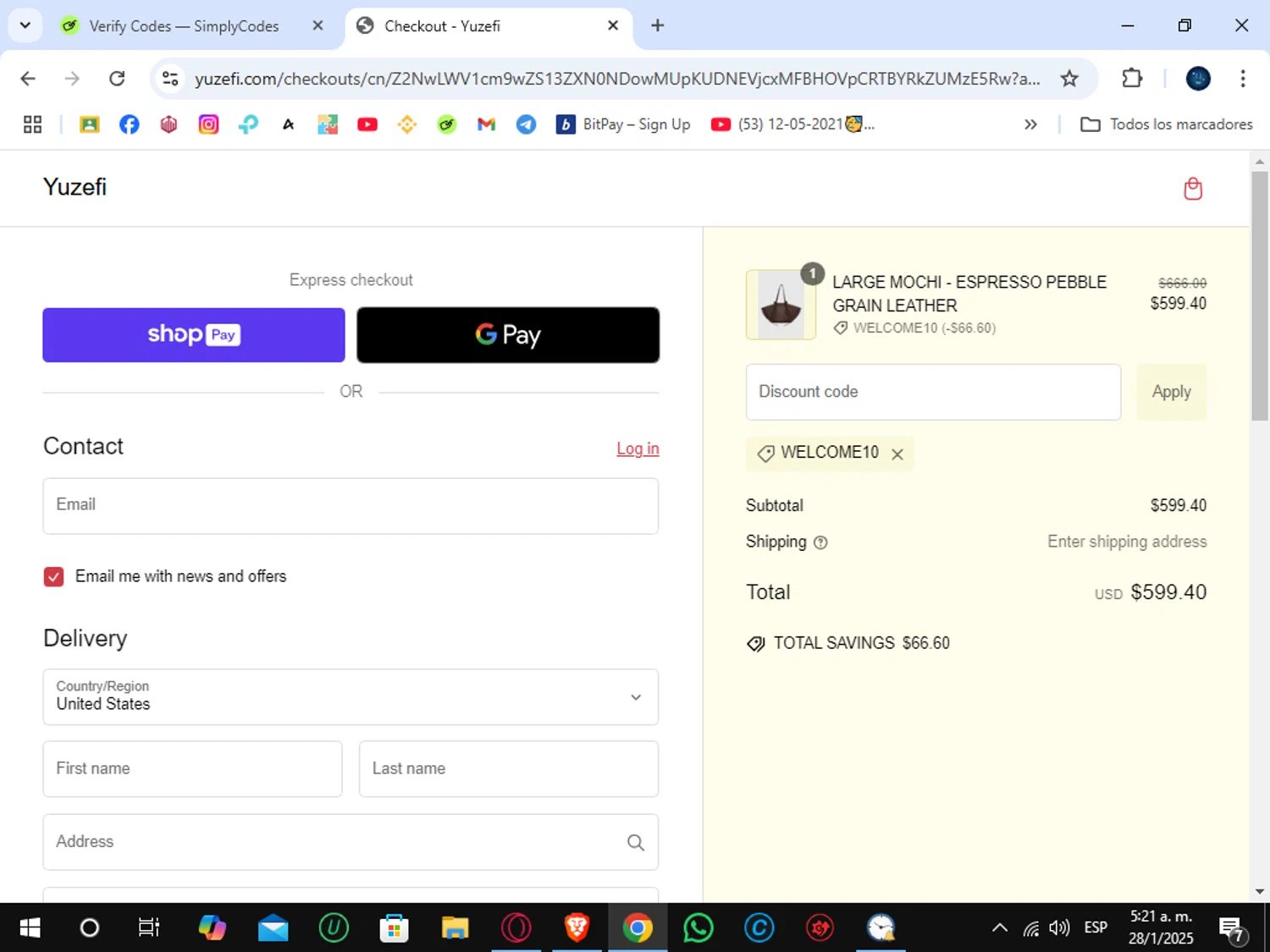 Yuzefi promo code screenshot showing code WELCOME10 applied at Yuzefi checkout page. Uploaded by SimplyCodes community member SunJinWoo on Jan 28, 2025