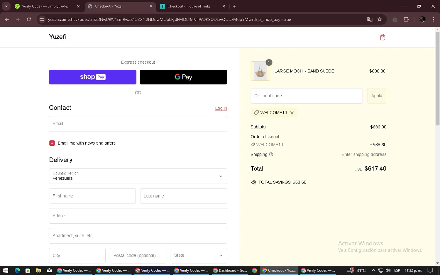 Yuzefi promo code screenshot showing code WELCOME10 applied at Yuzefi checkout page. Uploaded by SimplyCodes community member alexdaal on Feb 7, 2025