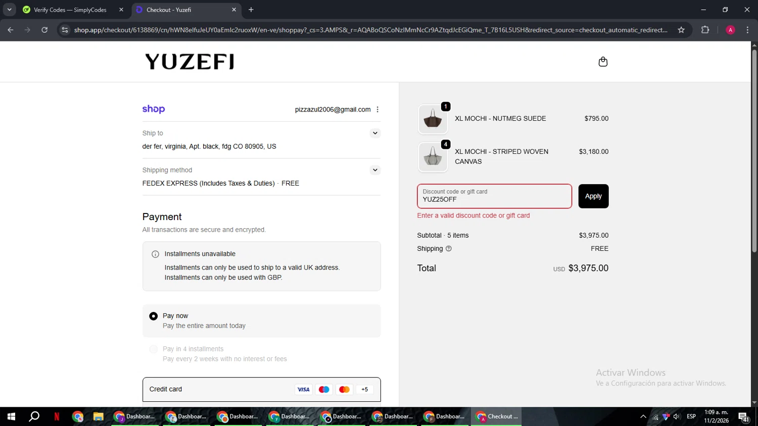 Yuzefi promo code screenshot showing code YUZ25OFF applied at Yuzefi checkout page. Uploaded by SimplyCodes community member BMWGS1200 on Feb 11, 2026