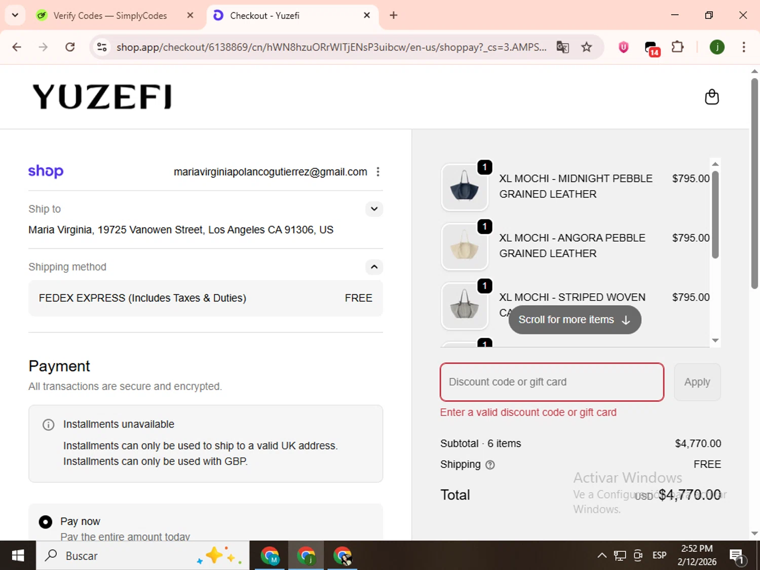Yuzefi promo code screenshot showing code YUZ25OFF applied at Yuzefi checkout page. Uploaded by SimplyCodes community member SavingsCollector2592 on Feb 12, 2026