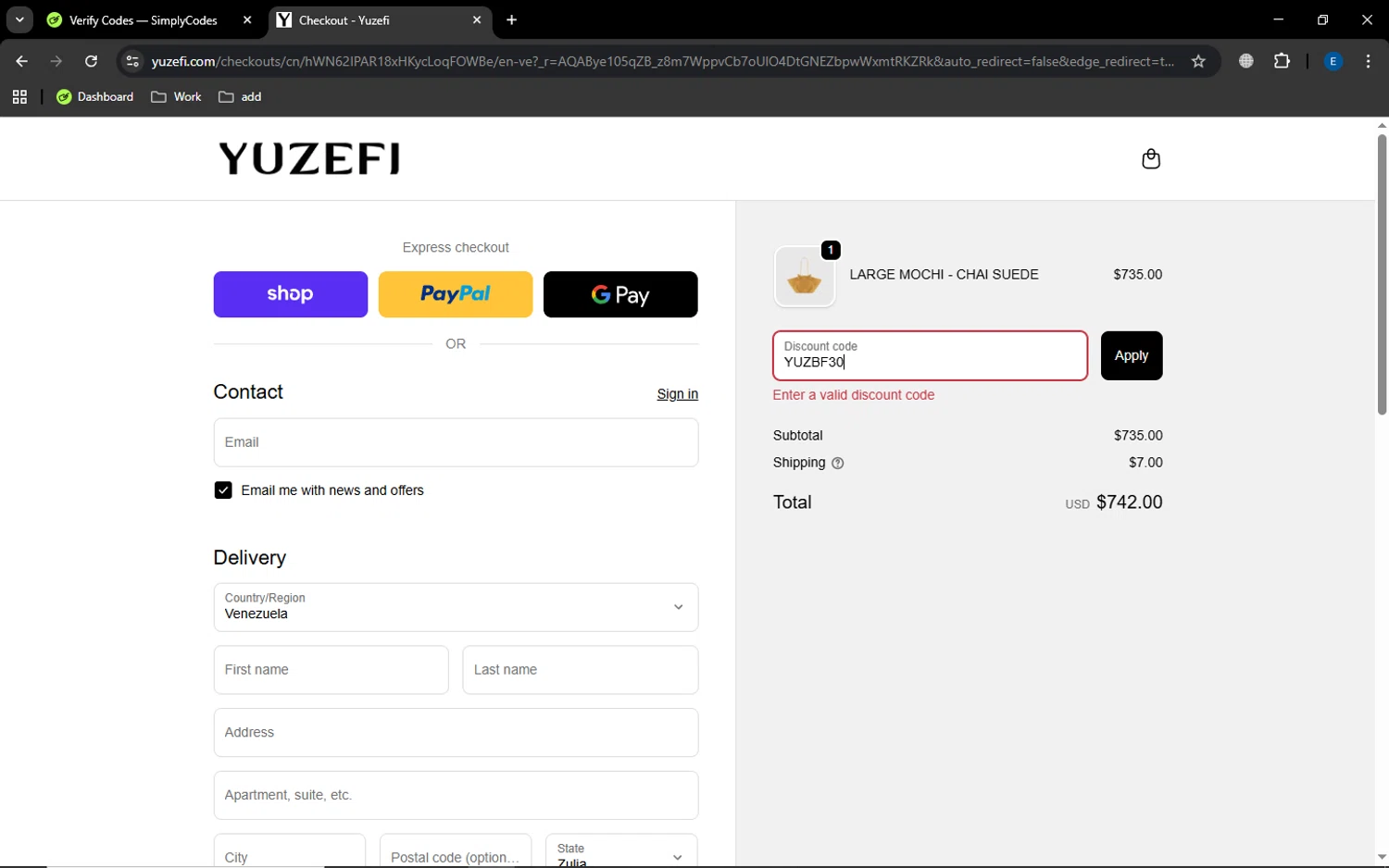Yuzefi promo code screenshot showing code YUZBF30 applied at Yuzefi checkout page. Uploaded by SimplyCodes community member MoneyGenius452 on Dec 4, 2025