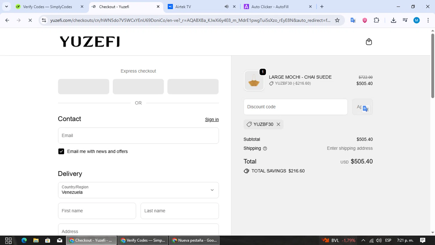 Yuzefi checkout page showing Yuzefi promo code box | Screenshot taken by SimplyCodes community member on Nov 23, 2025