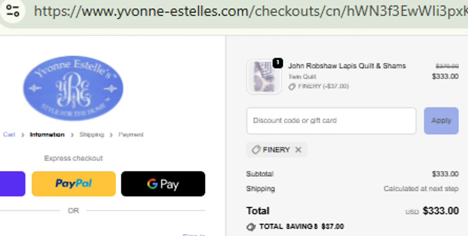 Yvonne Estelles promo code screenshot showing code FINERY applied at Yvonne Estelles checkout page. Uploaded by SimplyCodes community member RewardFinder4836 on Oct 2, 2025