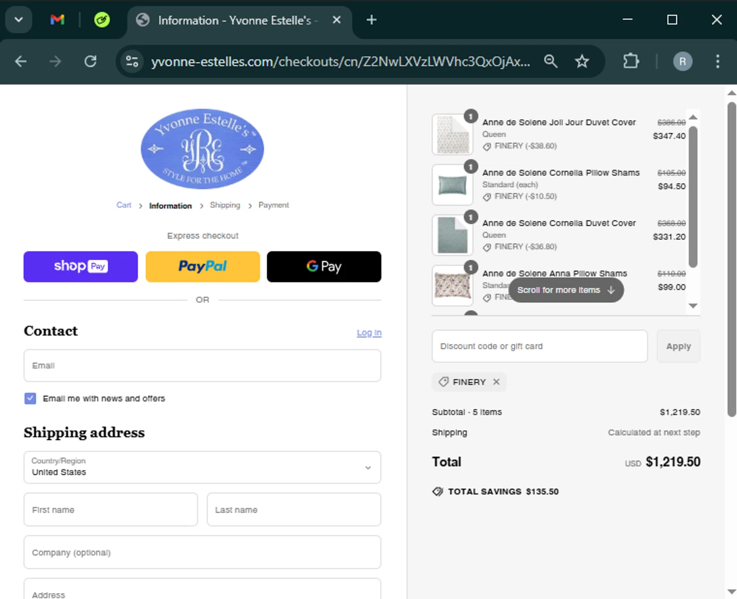 Yvonne Estelles promo code screenshot showing code FINERY applied at Yvonne Estelles checkout page. Uploaded by SimplyCodes community member PrimeWhiz5416 on Mar 11, 2025