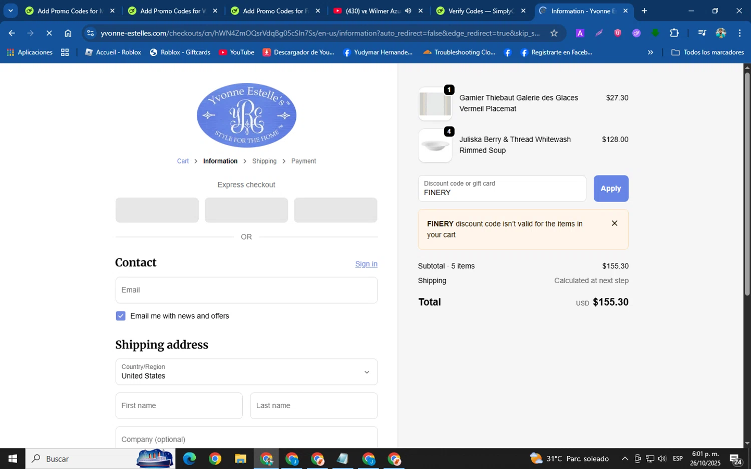 Yvonne Estelles promo code screenshot showing code FINERY applied at Yvonne Estelles checkout page. Uploaded by SimplyCodes community member helicoide on Oct 26, 2025