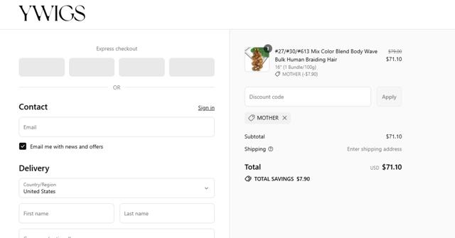 Ywigs checkout page showing Ywigs discount code box | Screenshot taken by SimplyCodes community member on Sep 10, 2025