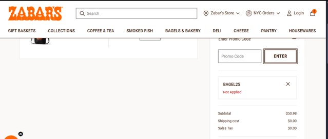 Zabar's checkout page showing Zabar's promo code box | Screenshot taken by SimplyCodes community member on Aug 10, 2025