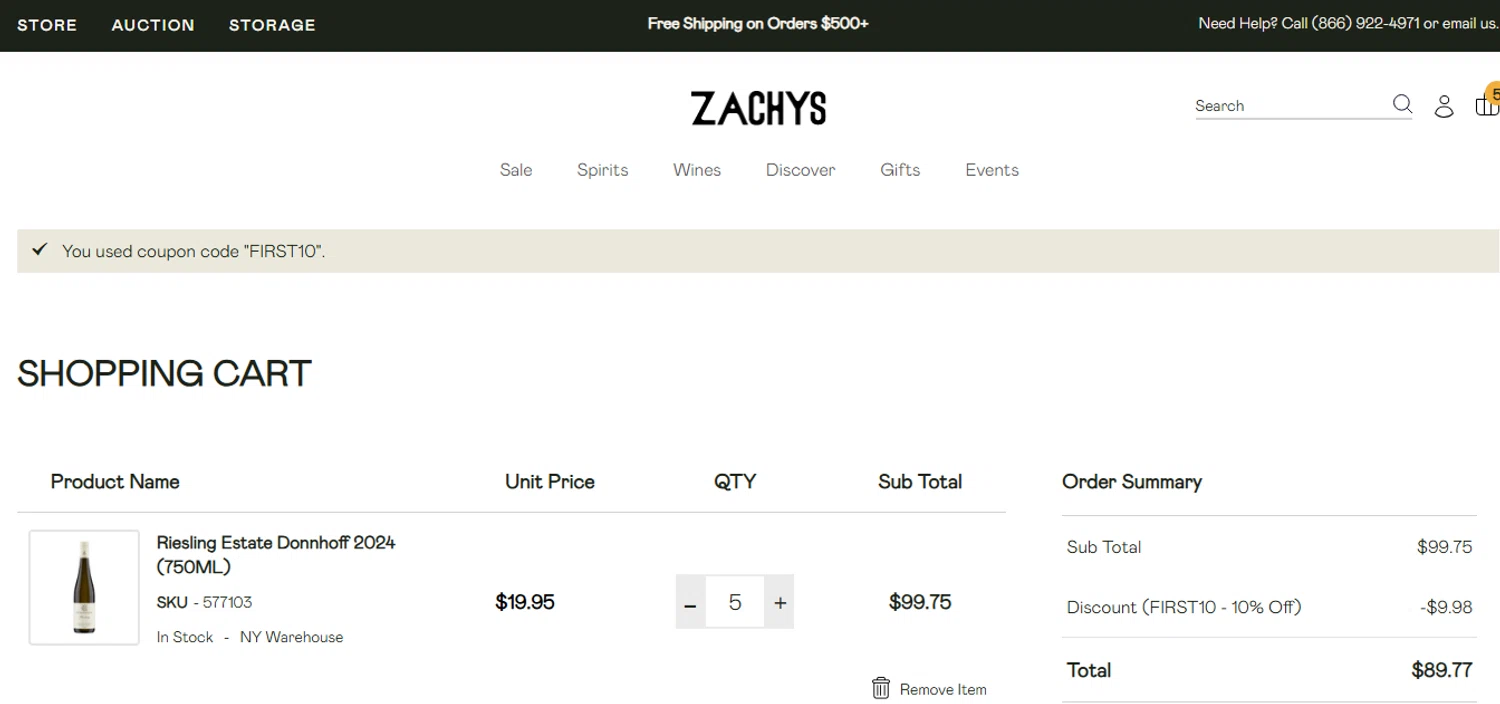 Zachys promo code screenshot showing code FIRST10 applied at Zachys checkout page. Uploaded by SimplyCodes community member CashAce9852 on Nov 5, 2025
