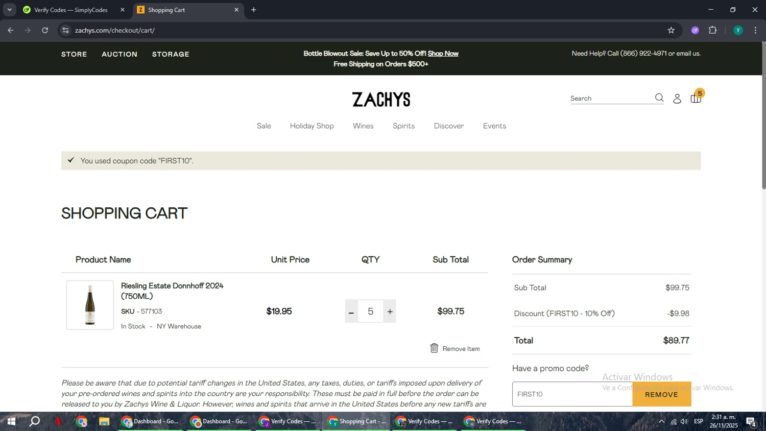Zachys promo code screenshot showing code FIRST10 applied at Zachys checkout page. Uploaded by SimplyCodes community member FrugalCaptain6906 on Nov 26, 2025
