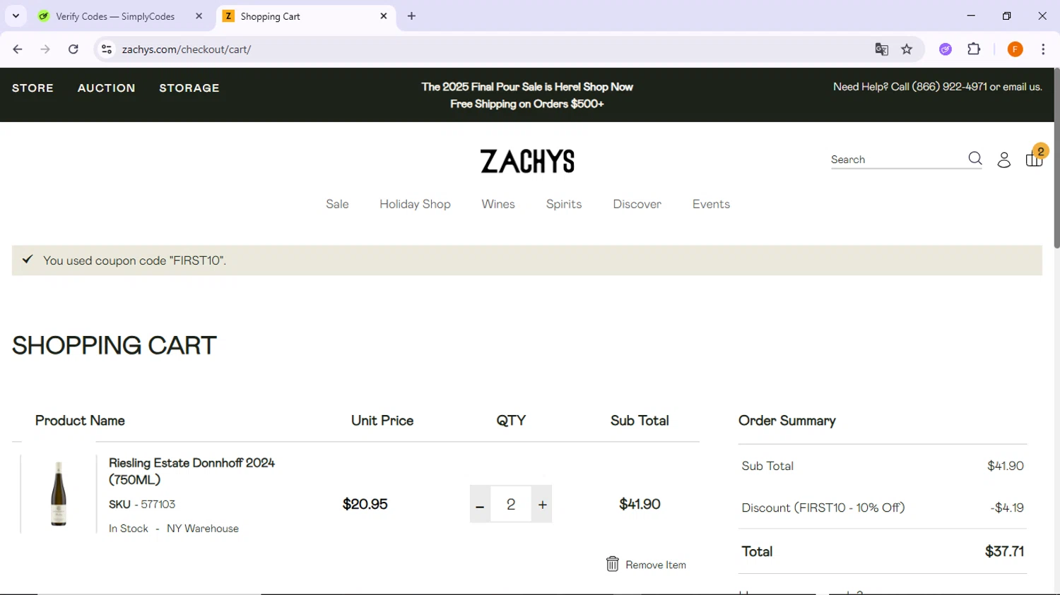 Zachys promo code screenshot showing code FIRST10 applied at Zachys checkout page. Uploaded by SimplyCodes community member TreasureSleuth5198 on Dec 25, 2025