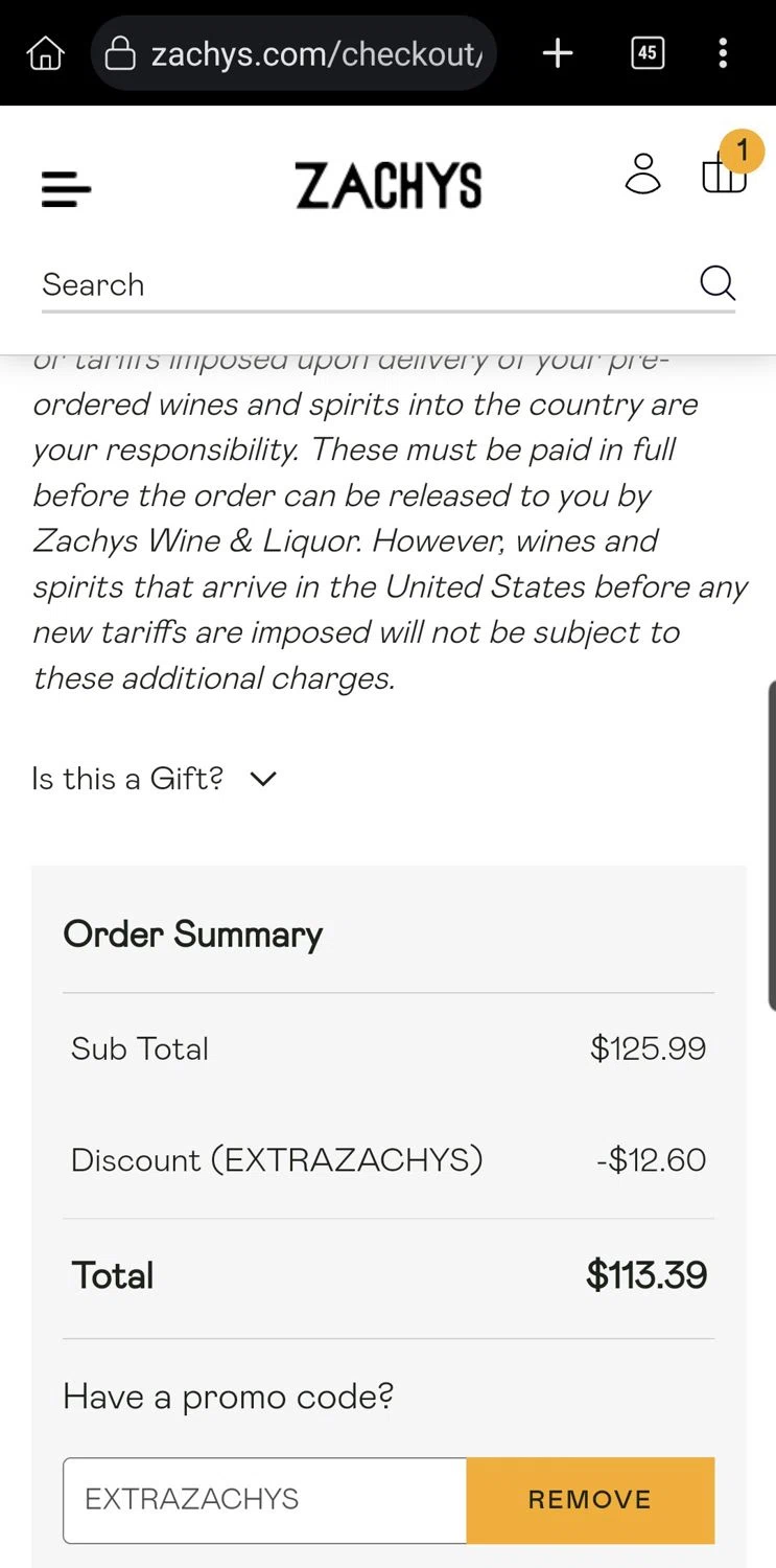 Zachys checkout page showing Zachys promo code box | Screenshot taken by SimplyCodes community member on Jan 2, 2026