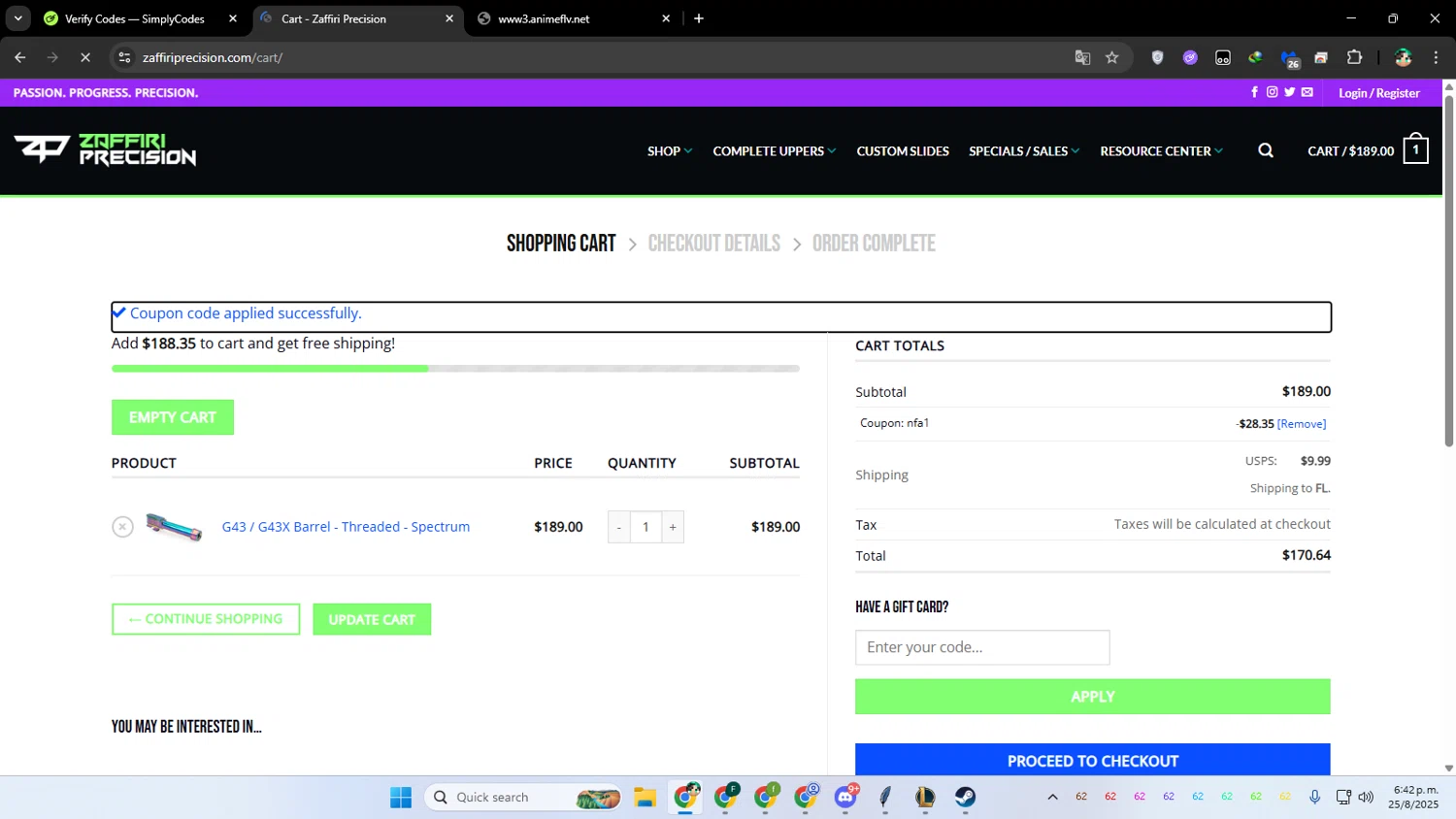 Zaffiri Precision coupon code screenshot showing code NFA1 applied at Zaffiri Precision checkout page. Uploaded by SimplyCodes community member franalepe on Aug 25, 2025