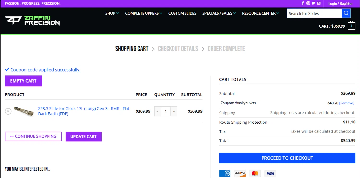 Zaffiri Precision coupon code screenshot showing code thankyouvets applied at Zaffiri Precision checkout page. Uploaded by SimplyCodes community member CodeEagle1166 on Nov 11, 2025