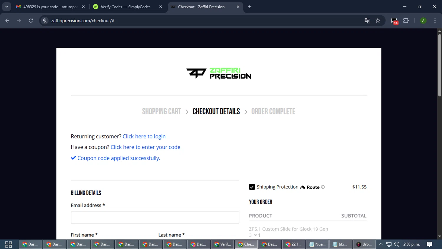 Zaffiri Precision coupon code screenshot showing code SQUADDRILLS applied at Zaffiri Precision checkout page. Uploaded by SimplyCodes community member CashLynx5338 on Nov 11, 2025