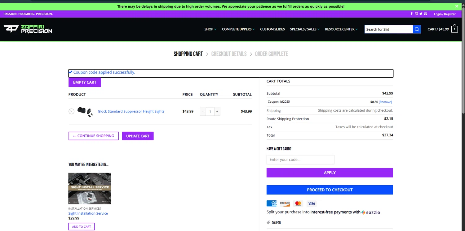Zaffiri Precision coupon code screenshot showing code BF2025 applied at Zaffiri Precision checkout page. Uploaded by SimplyCodes community member VoucherRanger9105 on Nov 29, 2025