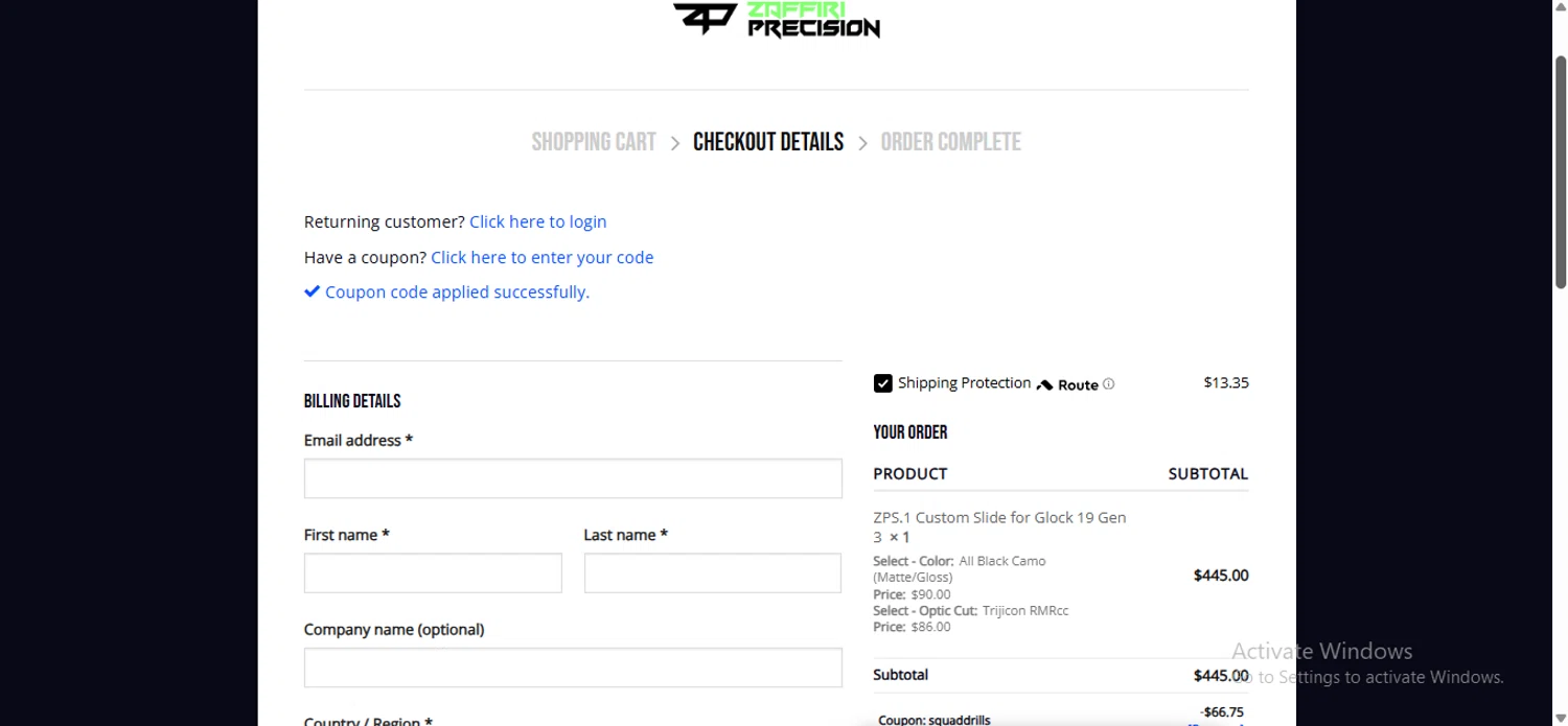 Zaffiri Precision coupon code screenshot showing code SQUADDRILLS applied at Zaffiri Precision checkout page. Uploaded by SimplyCodes community member anosesmith on Nov 11, 2025
