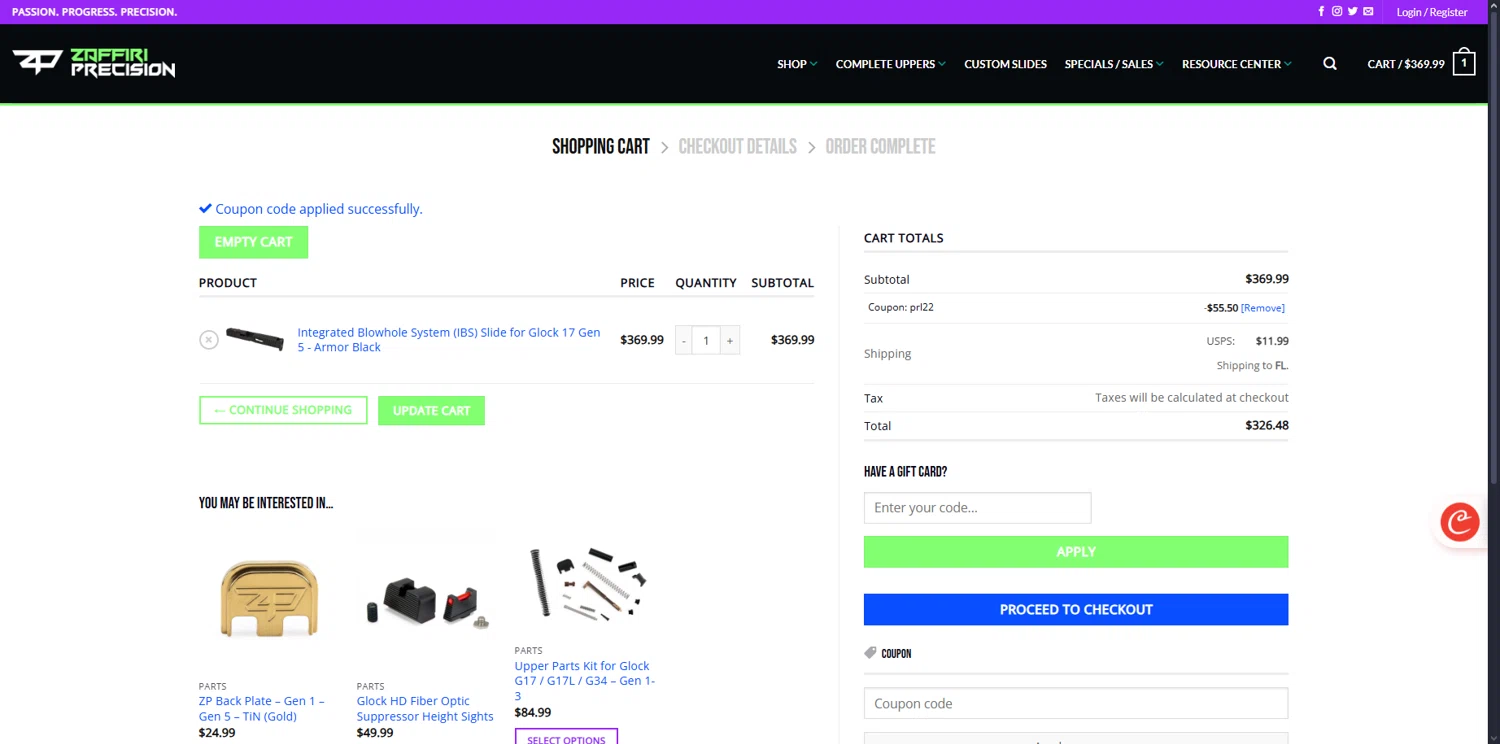 Zaffiri Precision coupon code screenshot showing code PRL22 applied at Zaffiri Precision checkout page. Uploaded by SimplyCodes community member pabloprieto on Jul 27, 2025